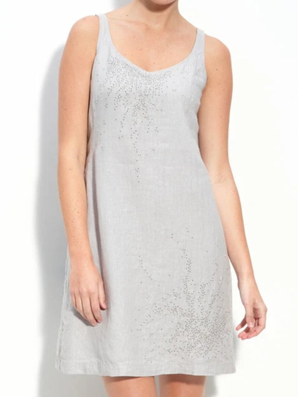 Eileen Fisher Handkerchief Linen Sequin Silver Grey Sleeveless shift Dress 8